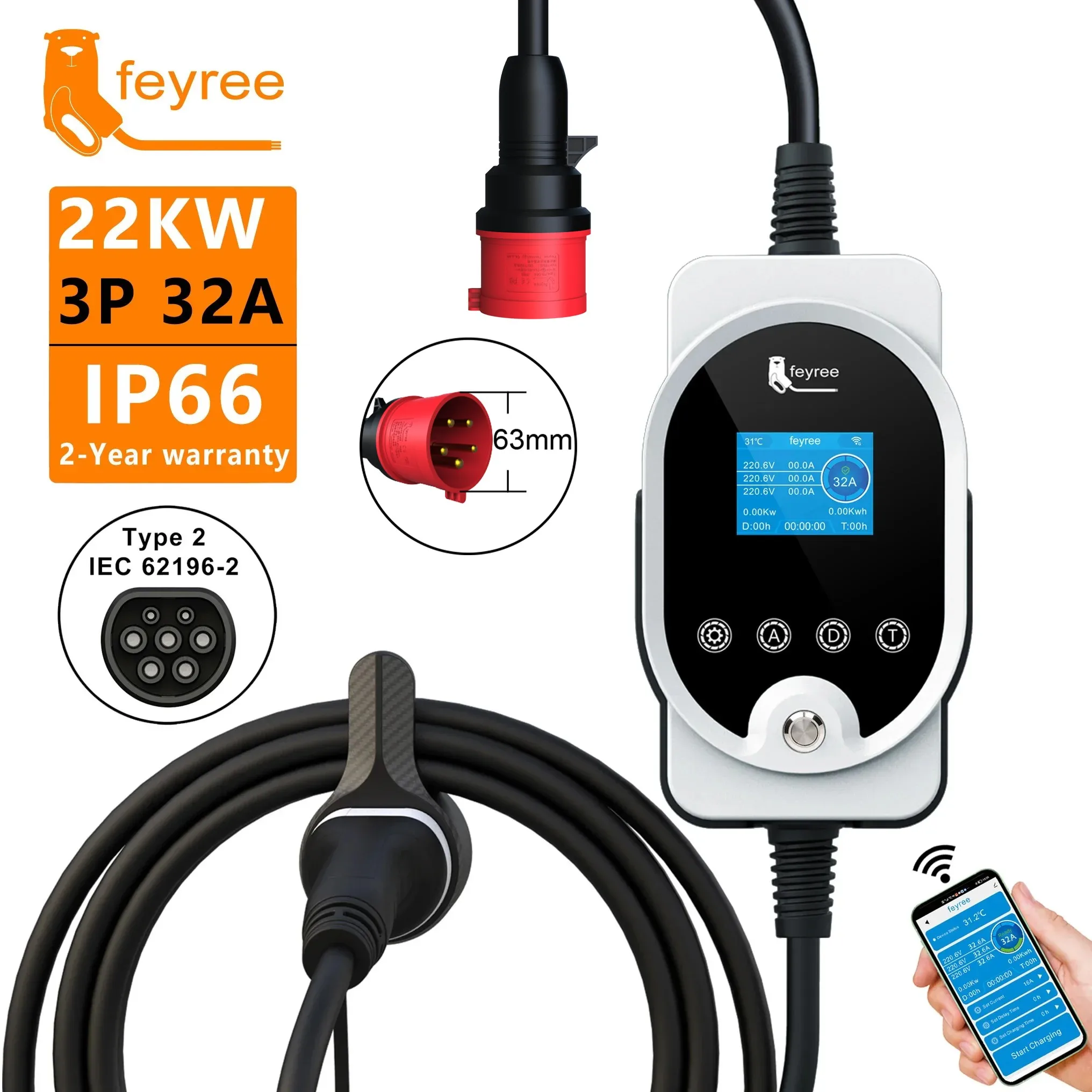 Feyree 22KW Type2 Cable EVSE W - Ev Charger Type 2 22Kw 32A 3 Phase ulasan dan harga